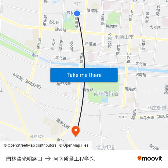 园林路光明路口 to 河南质量工程学院 map