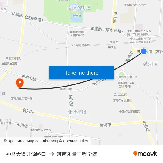 神马大道开源路口 to 河南质量工程学院 map