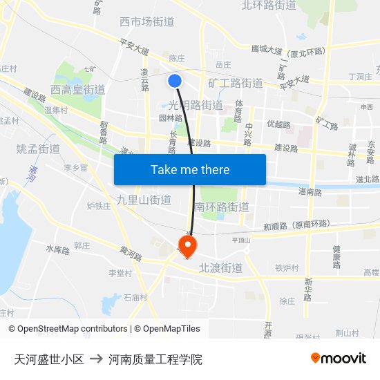 天河盛世小区 to 河南质量工程学院 map