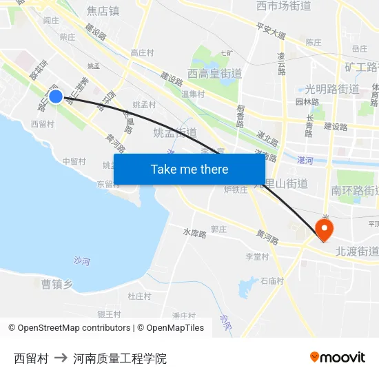 西留村 to 河南质量工程学院 map