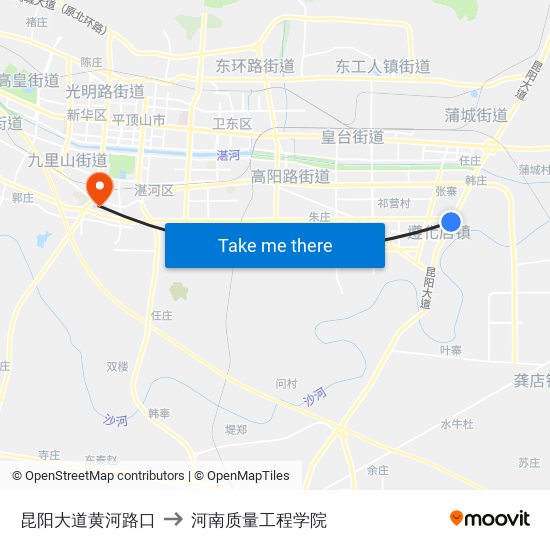 昆阳大道黄河路口 to 河南质量工程学院 map