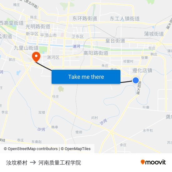 汝坟桥村 to 河南质量工程学院 map