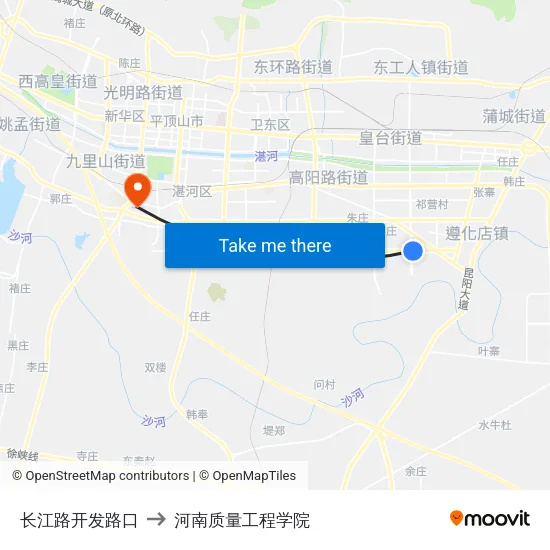 长江路开发路口 to 河南质量工程学院 map