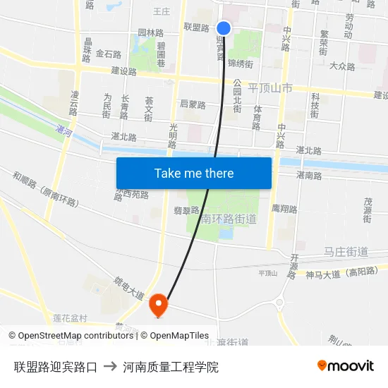 联盟路迎宾路口 to 河南质量工程学院 map