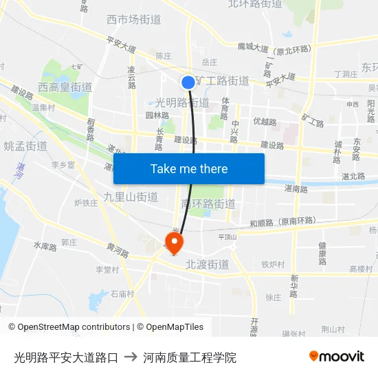 光明路平安大道路口 to 河南质量工程学院 map