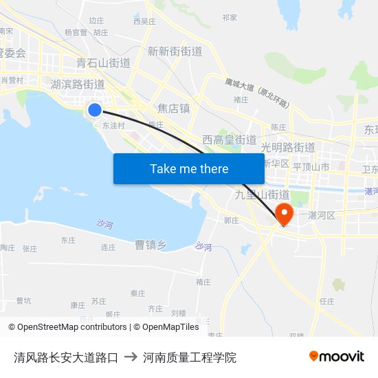 清风路长安大道路口 to 河南质量工程学院 map