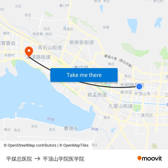 平煤总医院 to 平顶山学院医学院 map