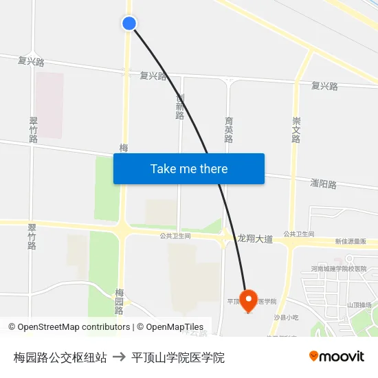 梅园路公交枢纽站 to 平顶山学院医学院 map