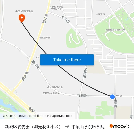 新城区管委会（湖光花园小区） to 平顶山学院医学院 map