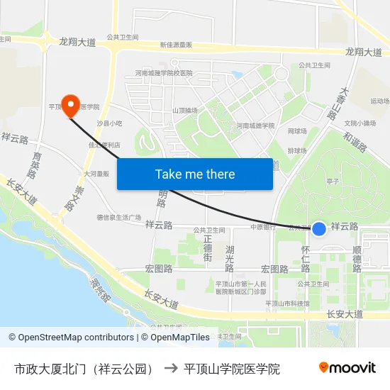 市政大厦北门（祥云公园） to 平顶山学院医学院 map