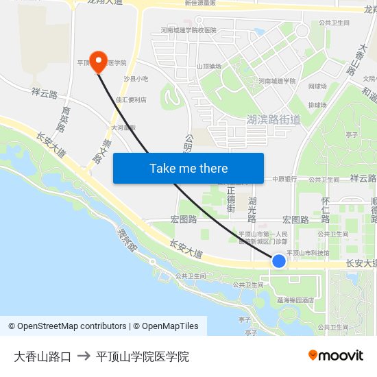 大香山路口 to 平顶山学院医学院 map