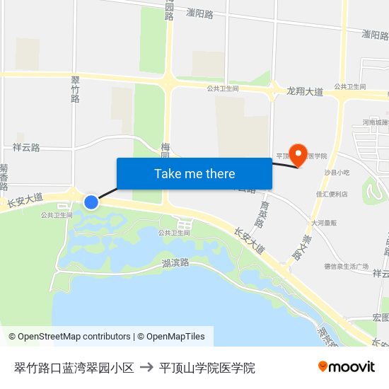 翠竹路口蓝湾翠园小区 to 平顶山学院医学院 map