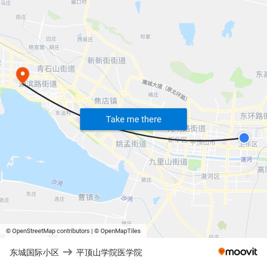 东城国际小区 to 平顶山学院医学院 map