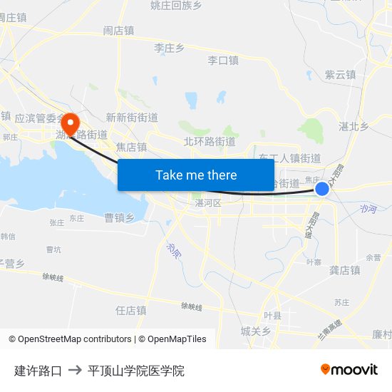 建许路口 to 平顶山学院医学院 map