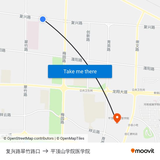 复兴路翠竹路口 to 平顶山学院医学院 map