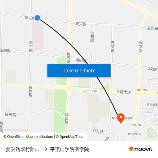 复兴路翠竹路口 to 平顶山学院医学院 map