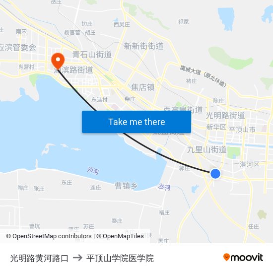 光明路黄河路口 to 平顶山学院医学院 map