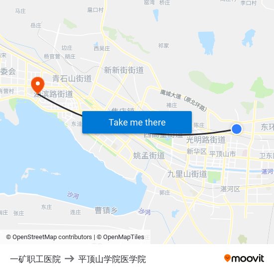 一矿职工医院 to 平顶山学院医学院 map