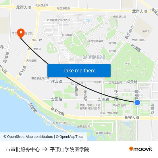 市审批服务中心 to 平顶山学院医学院 map