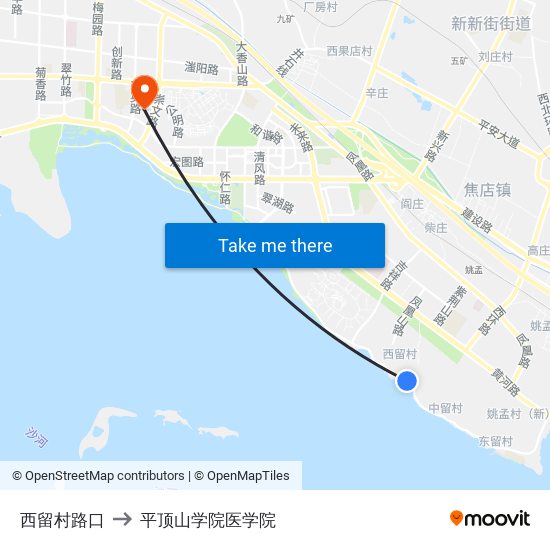 西留村路口 to 平顶山学院医学院 map