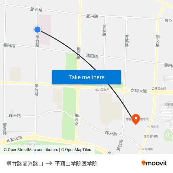 翠竹路复兴路口 to 平顶山学院医学院 map