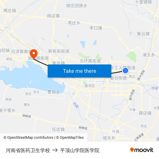 河南省医药卫生学校 to 平顶山学院医学院 map