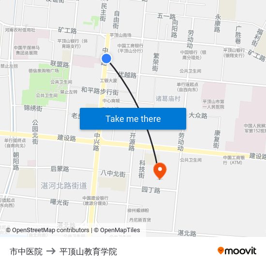 市中医院 to 平顶山教育学院 map