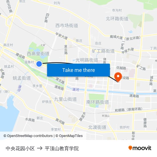 中央花园小区 to 平顶山教育学院 map