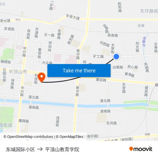 东城国际小区 to 平顶山教育学院 map