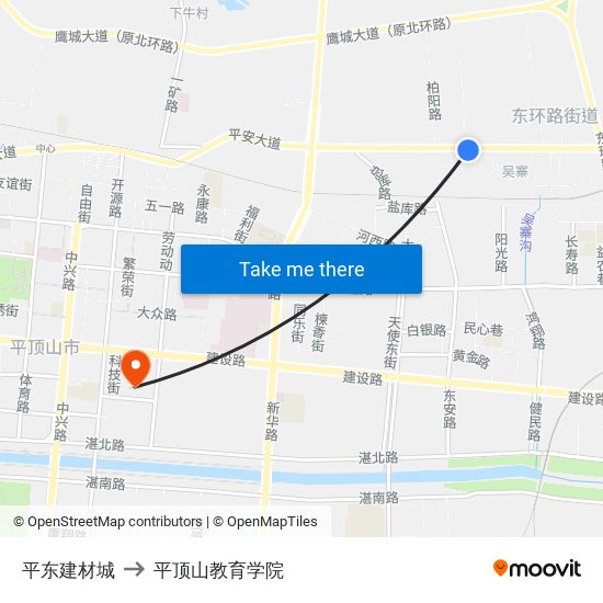 平东建材城 to 平顶山教育学院 map
