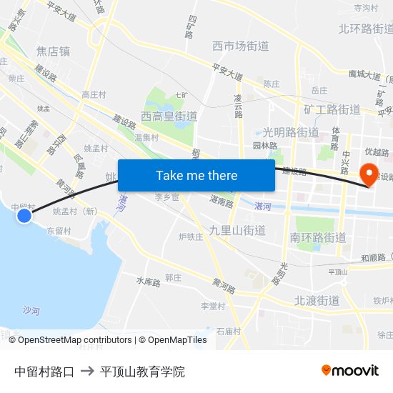 中留村路口 to 平顶山教育学院 map