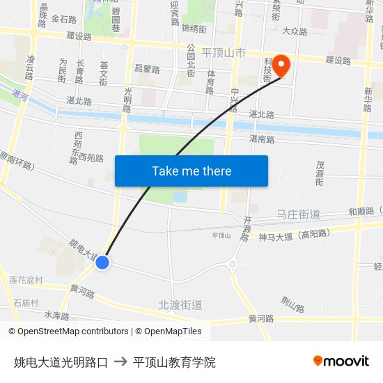 姚电大道光明路口 to 平顶山教育学院 map