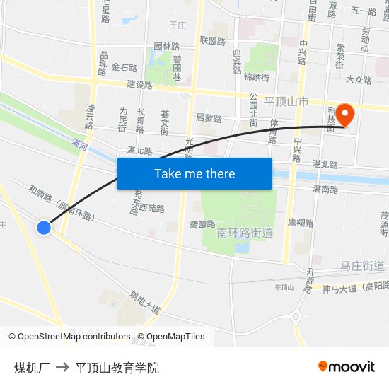 煤机厂 to 平顶山教育学院 map