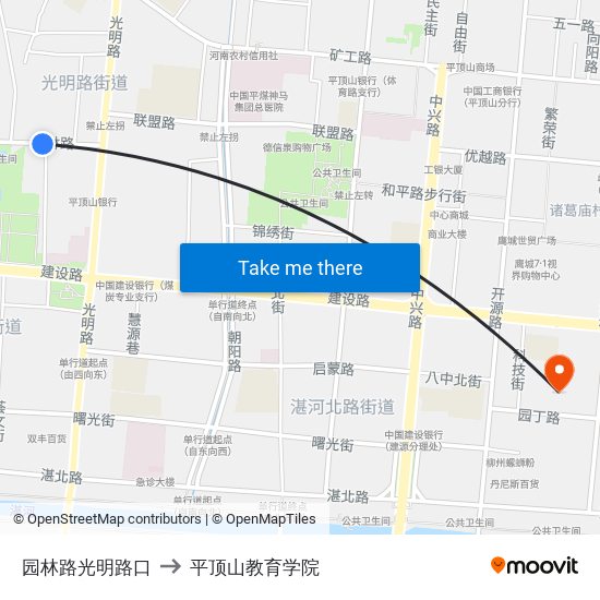 园林路光明路口 to 平顶山教育学院 map