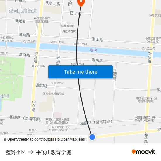 蓝爵小区 to 平顶山教育学院 map