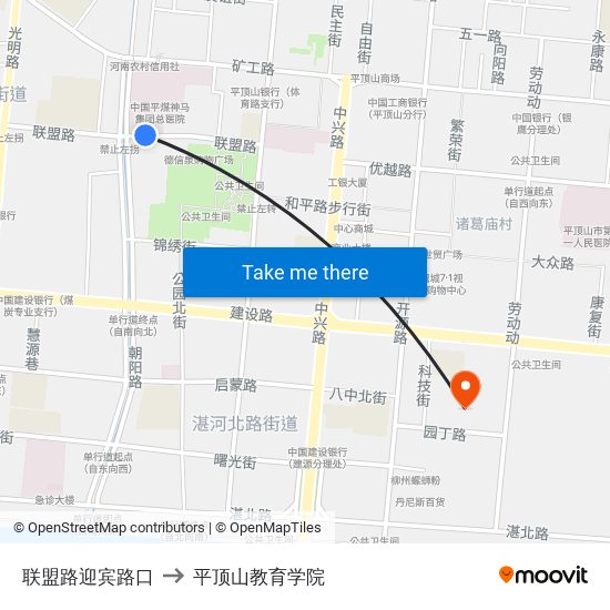 联盟路迎宾路口 to 平顶山教育学院 map