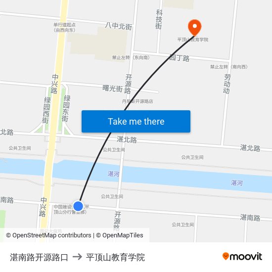 湛南路开源路口 to 平顶山教育学院 map