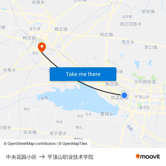 中央花园小区 to 平顶山职业技术学院 map