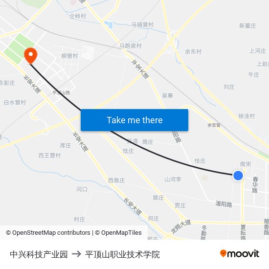 中兴科技产业园 to 平顶山职业技术学院 map