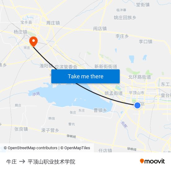 牛庄 to 平顶山职业技术学院 map