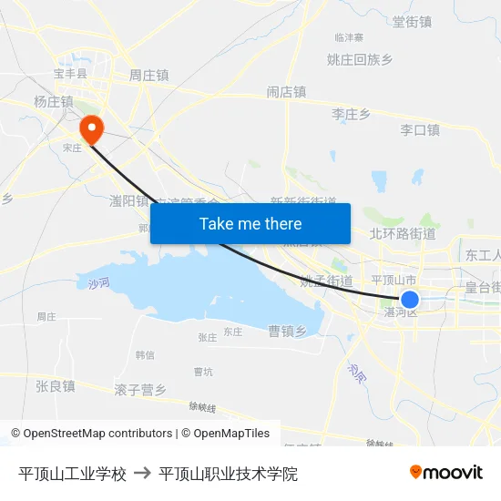 平顶山工业学校 to 平顶山职业技术学院 map