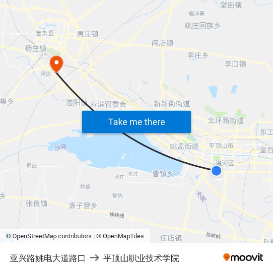 亚兴路姚电大道路口 to 平顶山职业技术学院 map