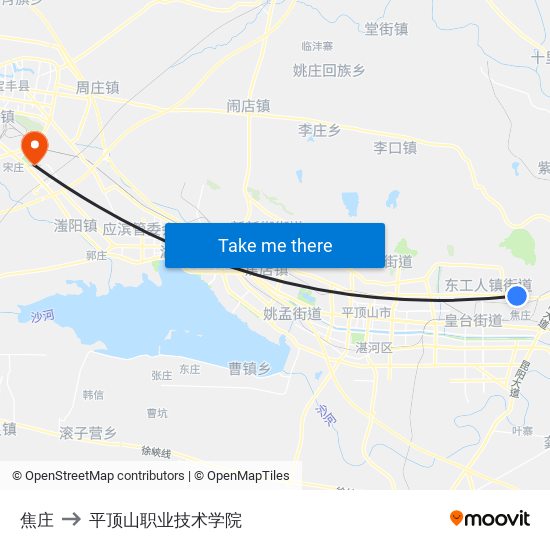 焦庄 to 平顶山职业技术学院 map