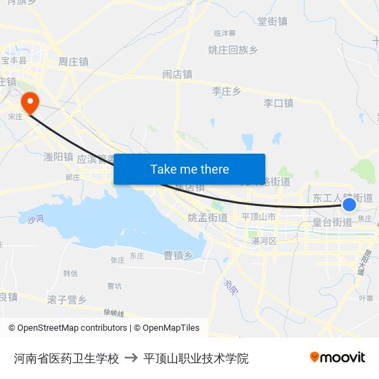 河南省医药卫生学校 to 平顶山职业技术学院 map