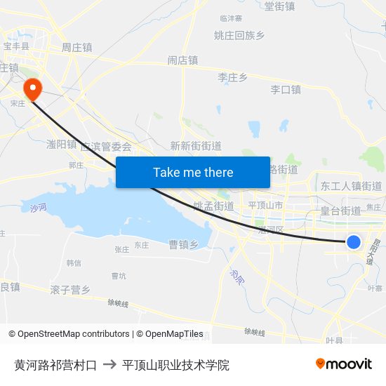 黄河路祁营村口 to 平顶山职业技术学院 map