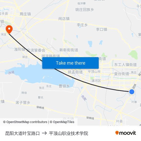 昆阳大道叶宝路口 to 平顶山职业技术学院 map