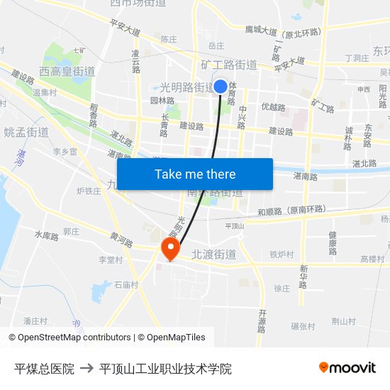 平煤总医院 to 平顶山工业职业技术学院 map