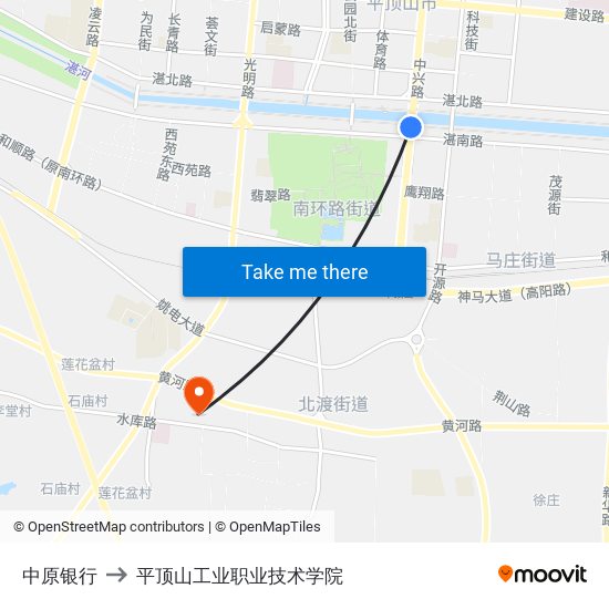 中原银行 to 平顶山工业职业技术学院 map