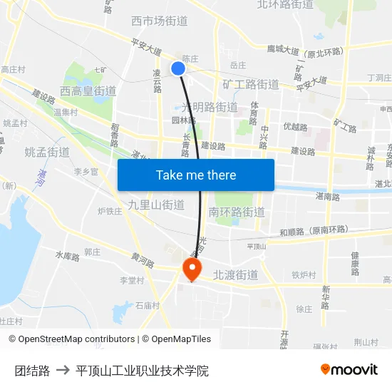 团结路 to 平顶山工业职业技术学院 map