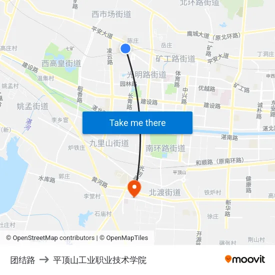 团结路 to 平顶山工业职业技术学院 map
